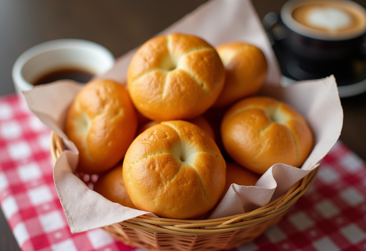 Cesta de Pão de Queijo Recheado recém-assado com uma xícara de café, perfeito para um lanche delicioso.