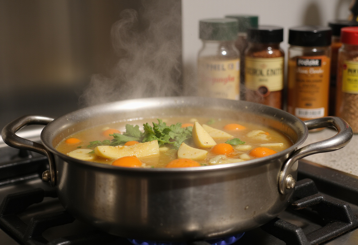 Caldo de legumes fervendo ao preparar receitas vegetarianas.