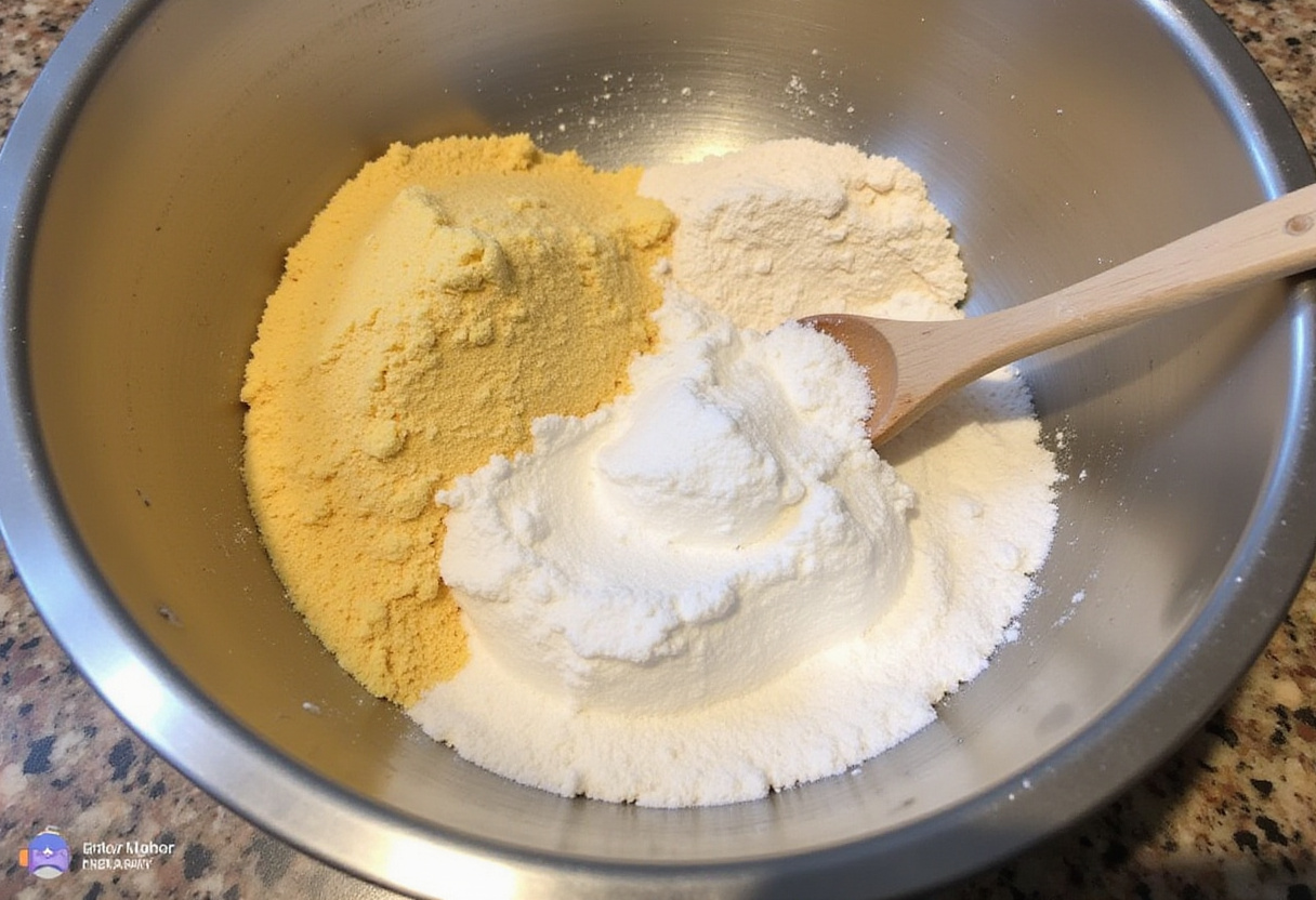Mistura de ingredientes secos para um bolo de fubá cremoso caseiro, receita fácil.