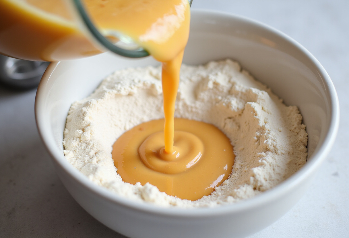 Incorporando ingredientes líquidos aos secos para criar uma massa de bolo de fubá cremosa e irresistível.