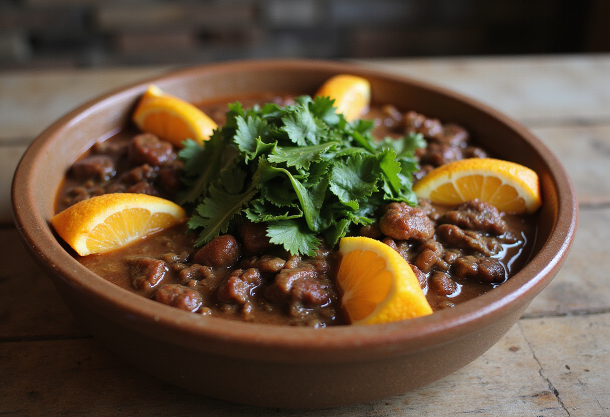 Feijoada pronta, servida com laranja, couve e farofa, um prato brasileiro clássico e perfeito.