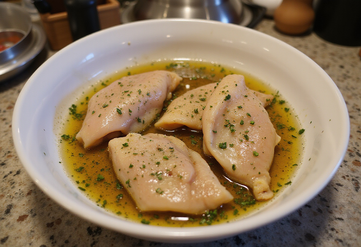 Peito de frango marinando em temperos para receita fácil.