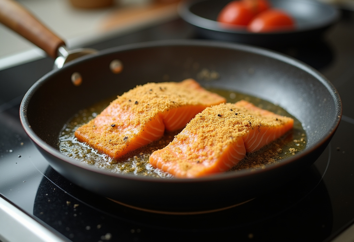 Filés de peixe fritos em óleo quente para preparar Peixe Empanado.