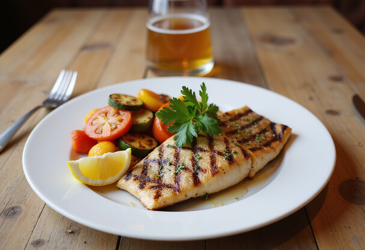 Peixe Grelhado com Legumes finalizado, um prato saudável e delicioso, pronto para ser servido.