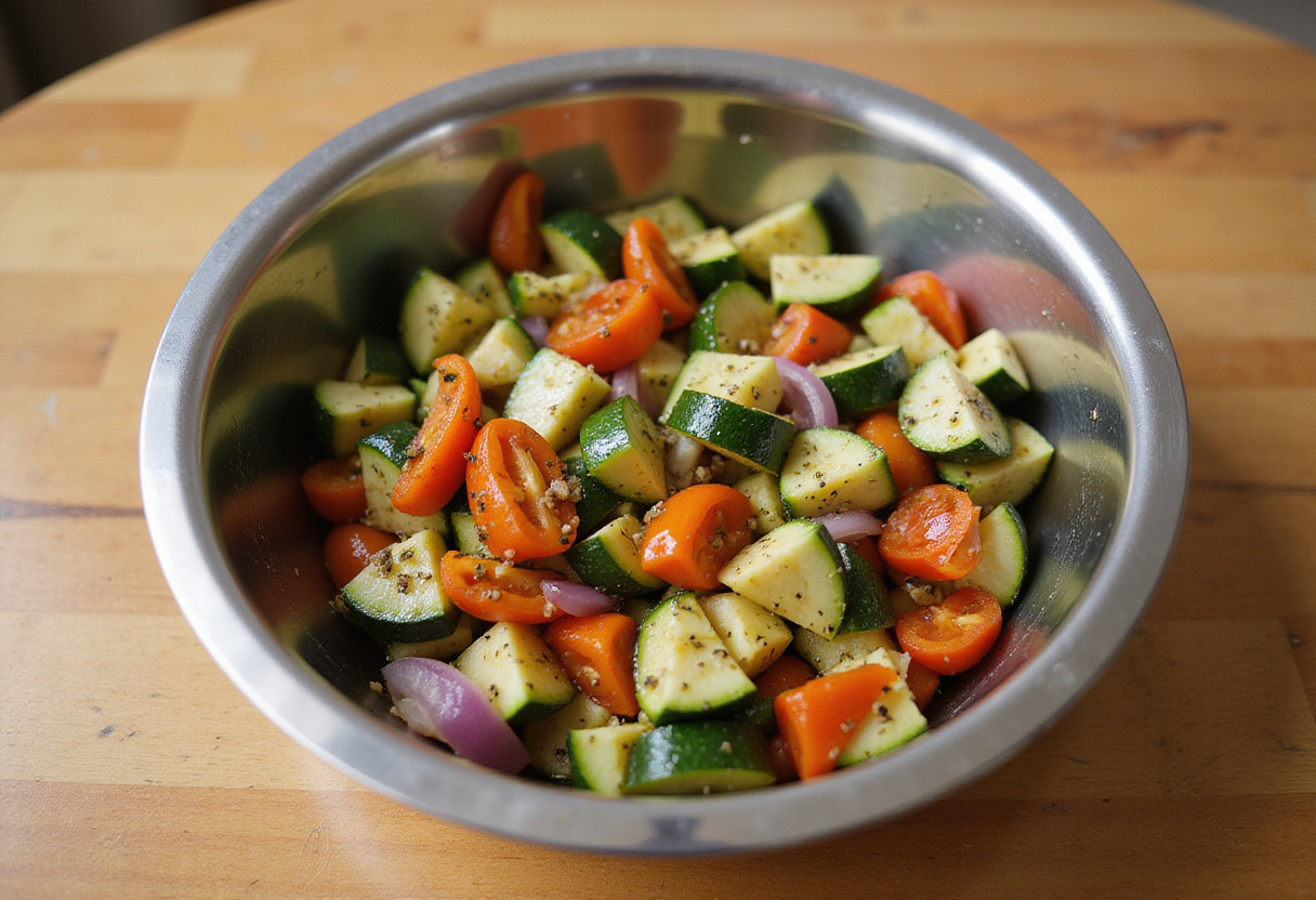 Legumes frescos picados misturados com azeite de oliva e ervas para preparar Peixe Grelhado com Legumes.