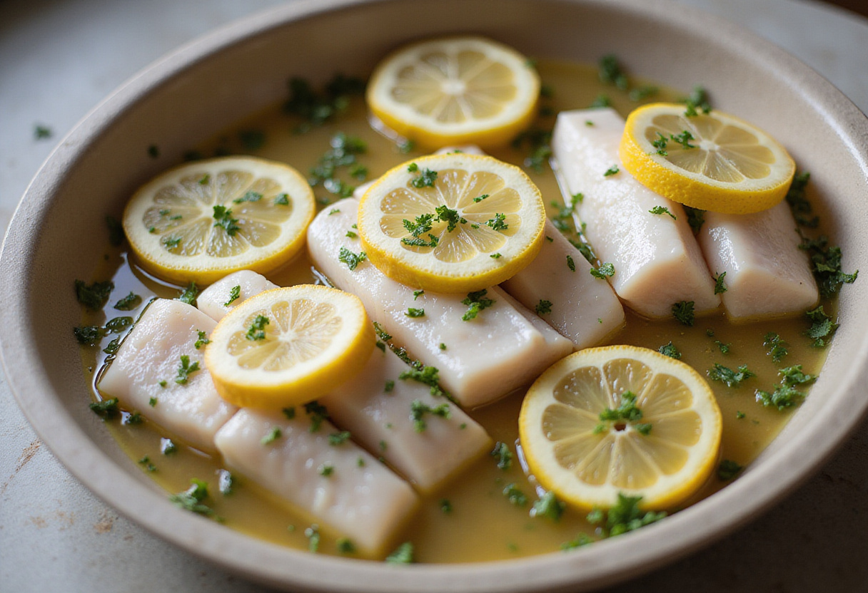 Filés de peixe branco marinando em azeite, limão e ervas para o preparo de Peixe Grelhado com Legumes.