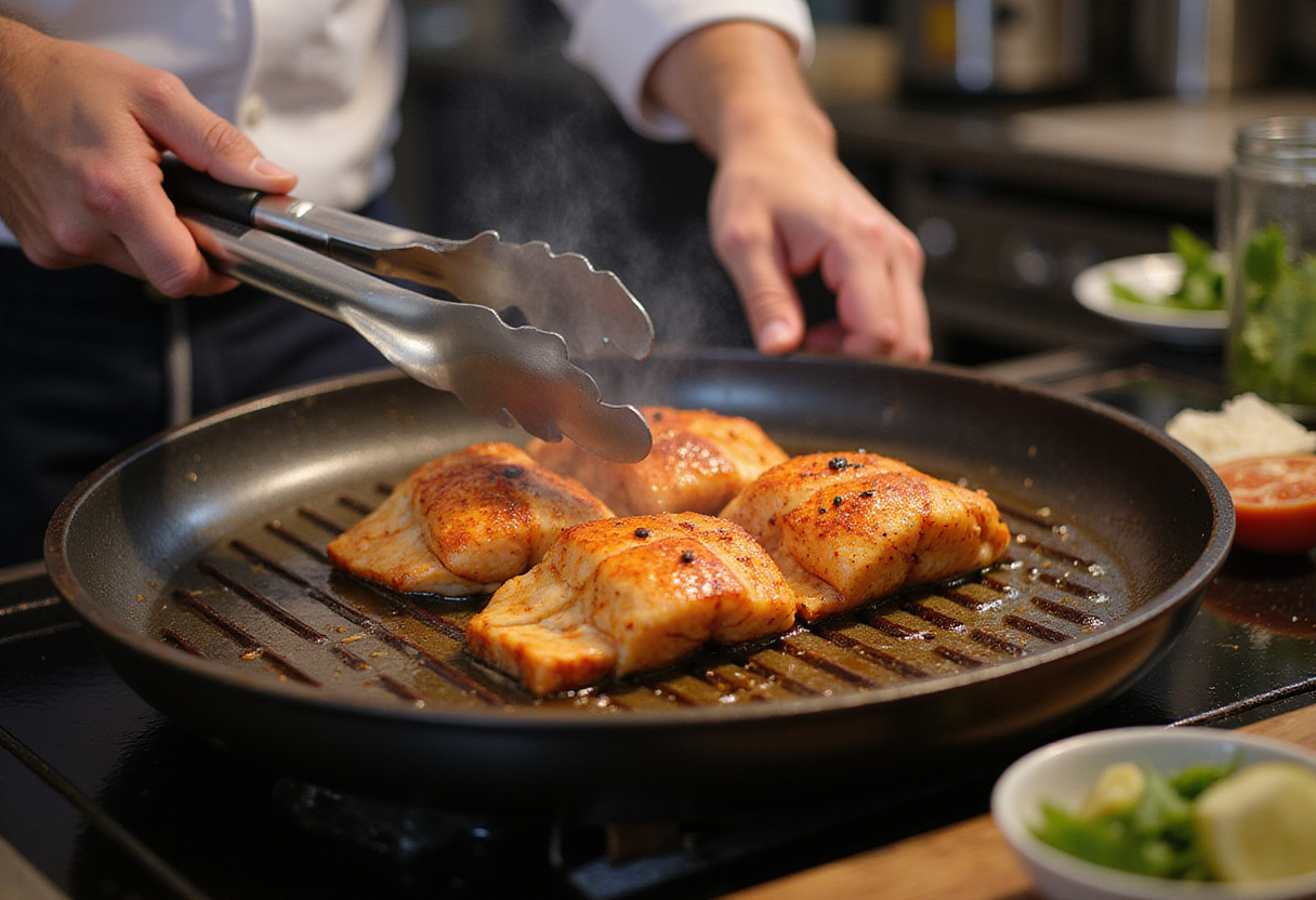 Chef grelhando filés de peixe marinado para o prato de Peixe Grelhado com Legumes.