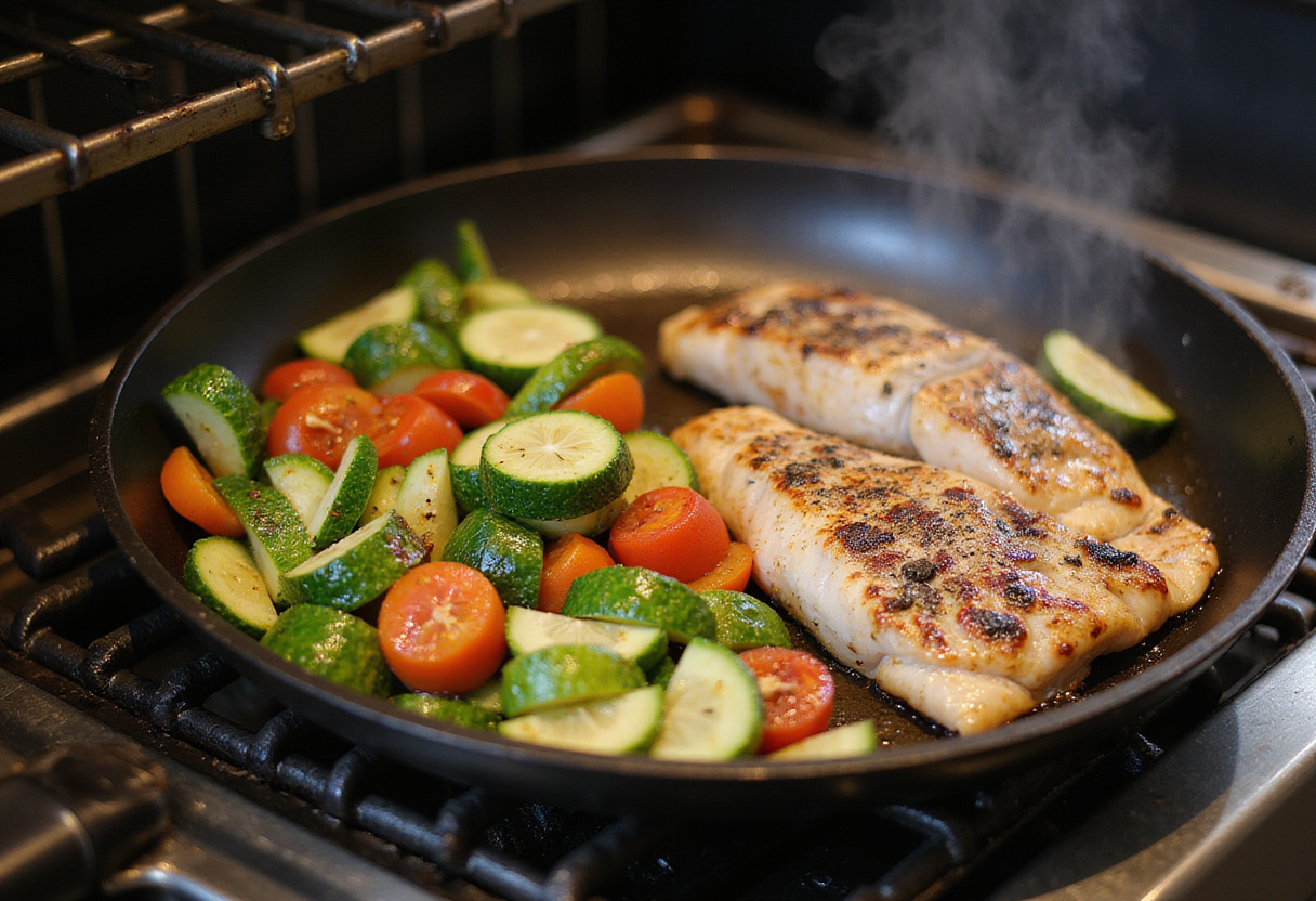 Legumes misturados sendo grelhados juntamente com o peixe para um saboroso Peixe Grelhado com Legumes.