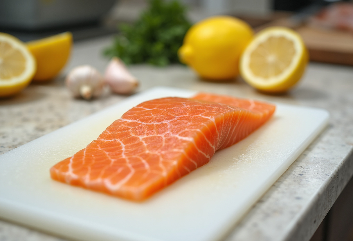 Filé de peixe fresco com fatias de limão e dentes de alho para preparar peixe ao molho de alho e limão.