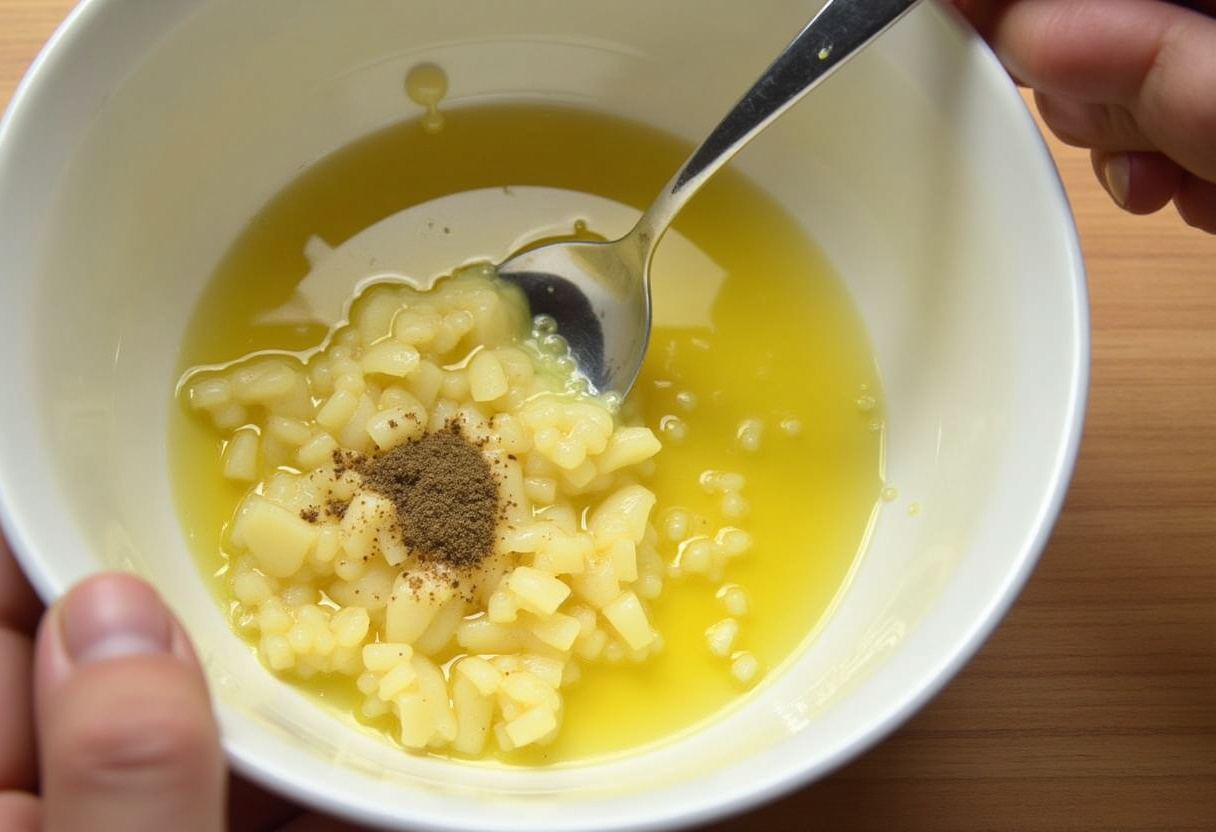 Mistura de alho picado, suco de limão, azeite, sal e pimenta para o molho do peixe.
