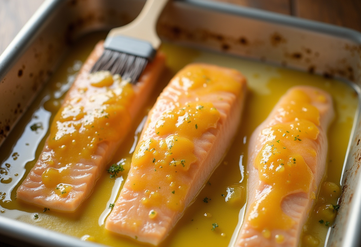 Filé de peixe sendo regado com o molho de alho e limão em uma assadeira.