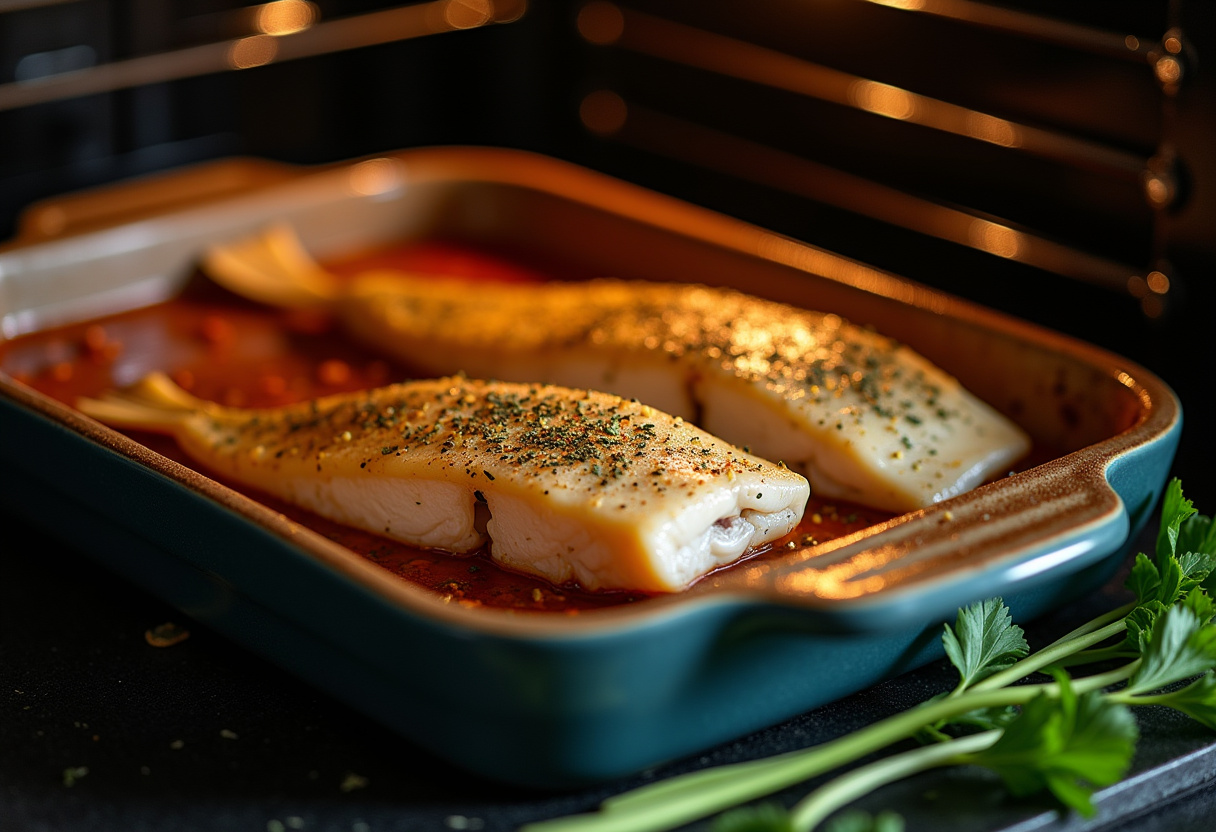 Assadeira com peixe ao molho de alho e limão sendo colocada no forno para assar.