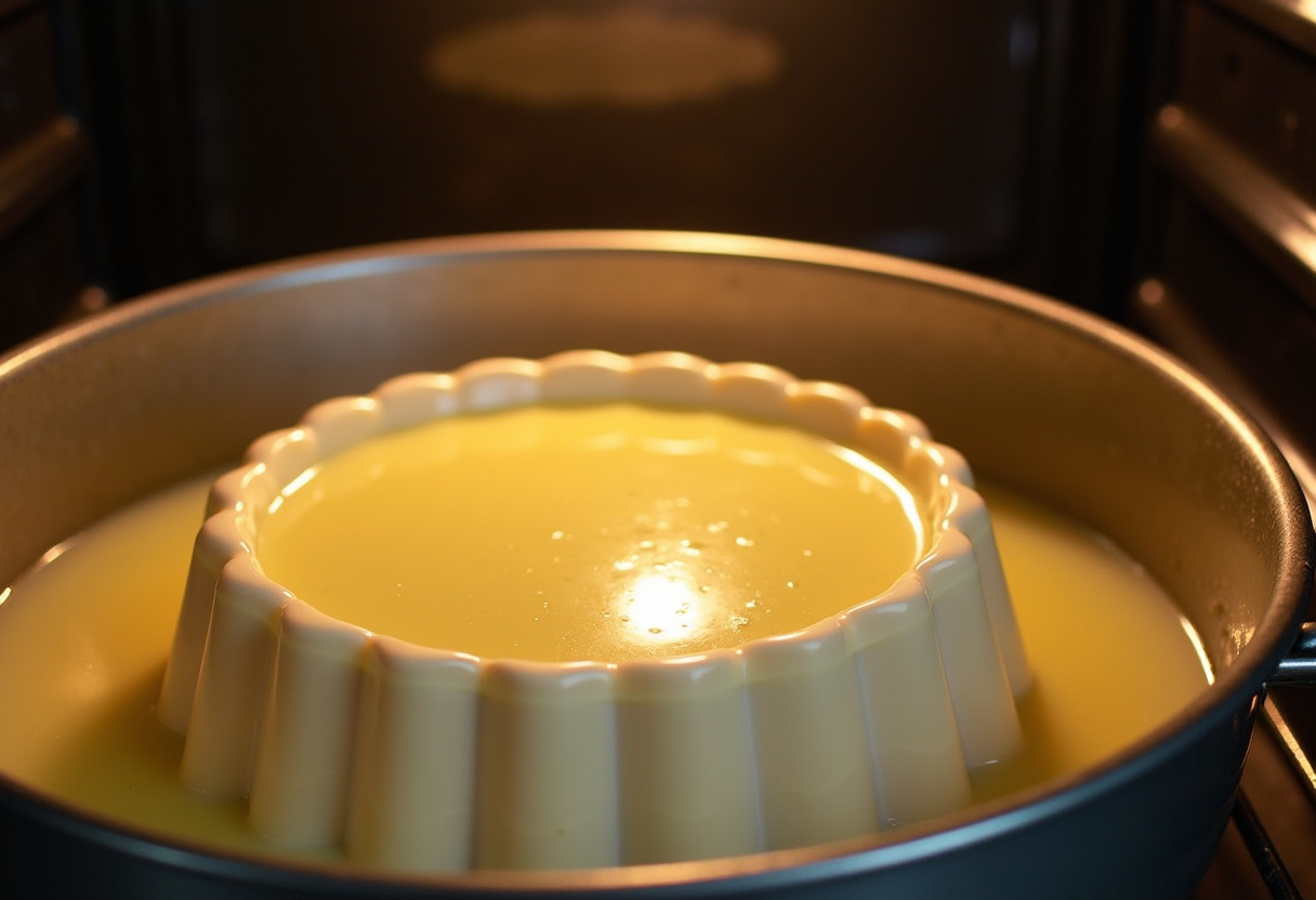 Forma de pudim com a mistura cremosa sendo colocada em banho-maria no forno pré-aquecido.