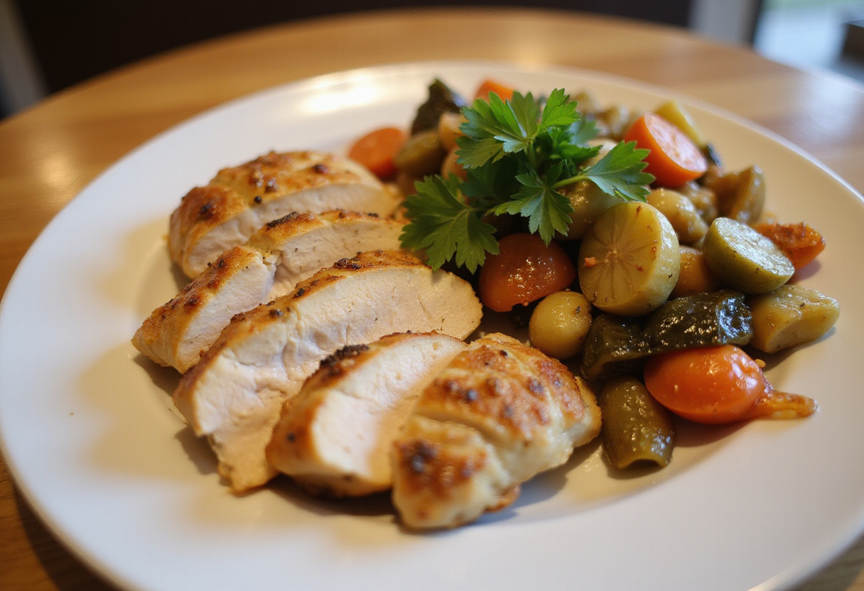 Prato final com peito de frango cozido e legumes salteados.