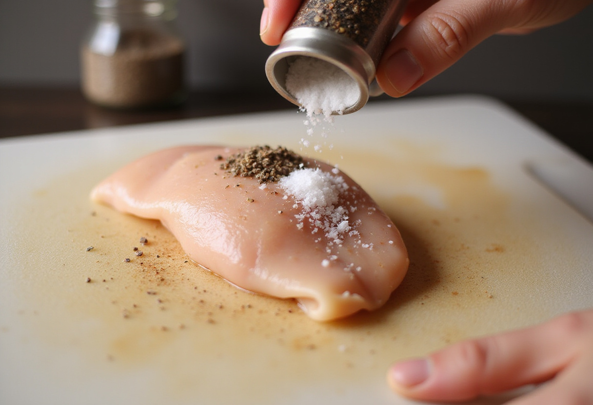 Peito de frango cru sendo temperado com sal e pimenta para receita.