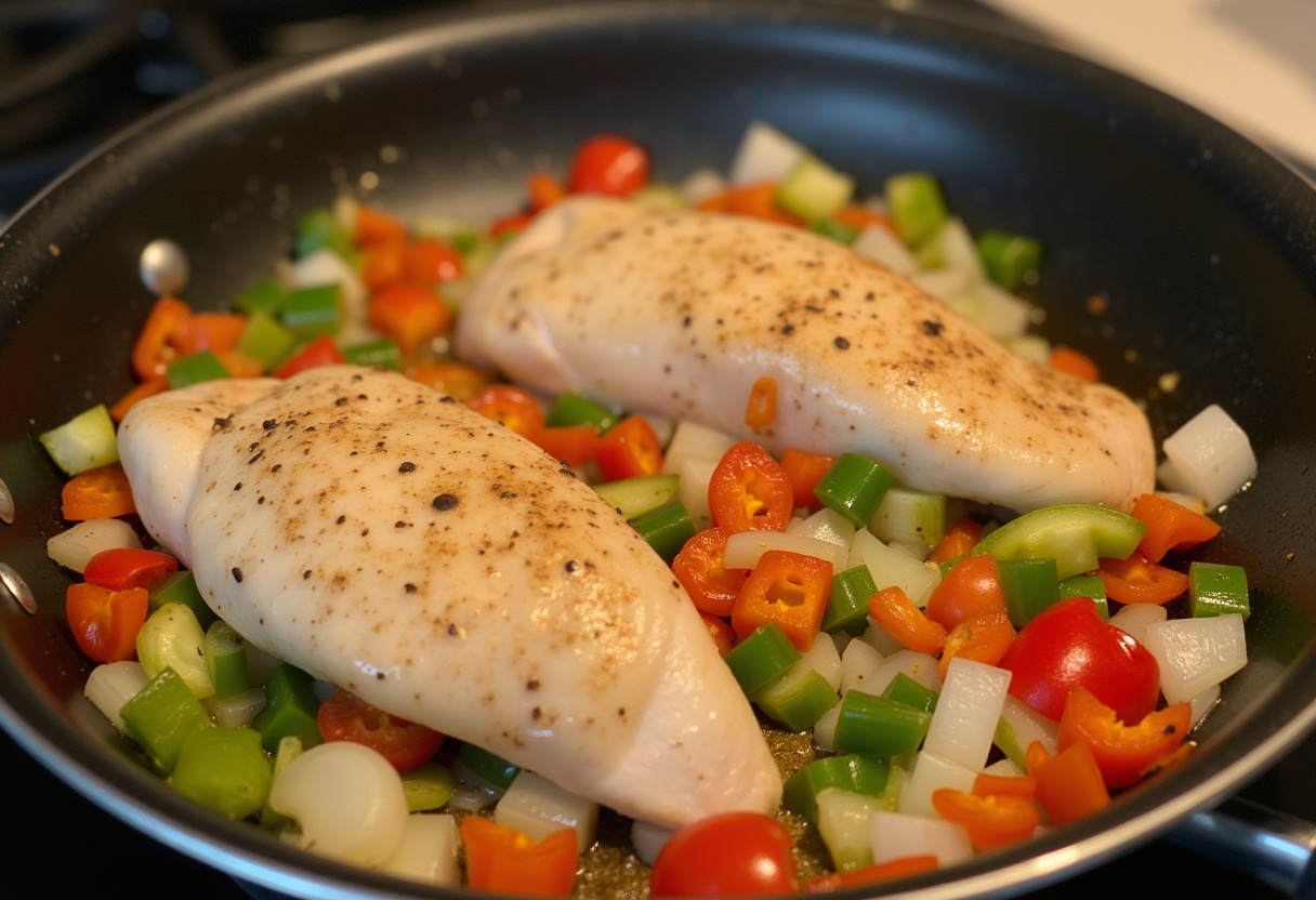 Legumes picados sendo refogados na panela, com frango cozinhando.