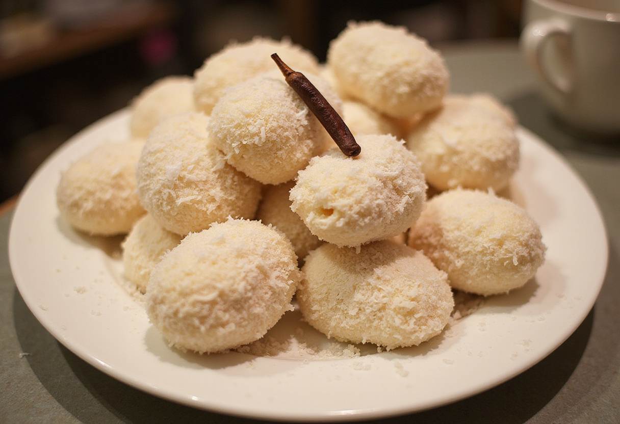 Beijinhos decorados com coco ralado e cravo, prontos para servir, receita de Beijinho especial.