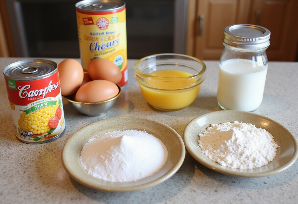 Ingredientes para bolo de milho de lata dispostos no balcão da cozinha.