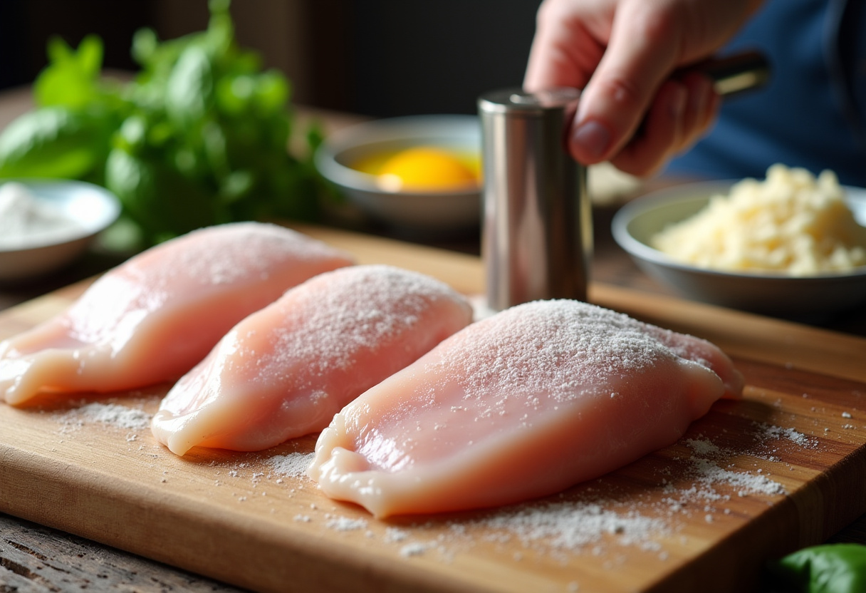 Fresh chicken breasts being pounded thin for parmesan chicken recipe, surrounded by flour, eggs, and breadcrumbs for breading, with fresh basil and grated parmesan cheese on rustic wooden cutting board, natural lighting in cozy kitchen setting.