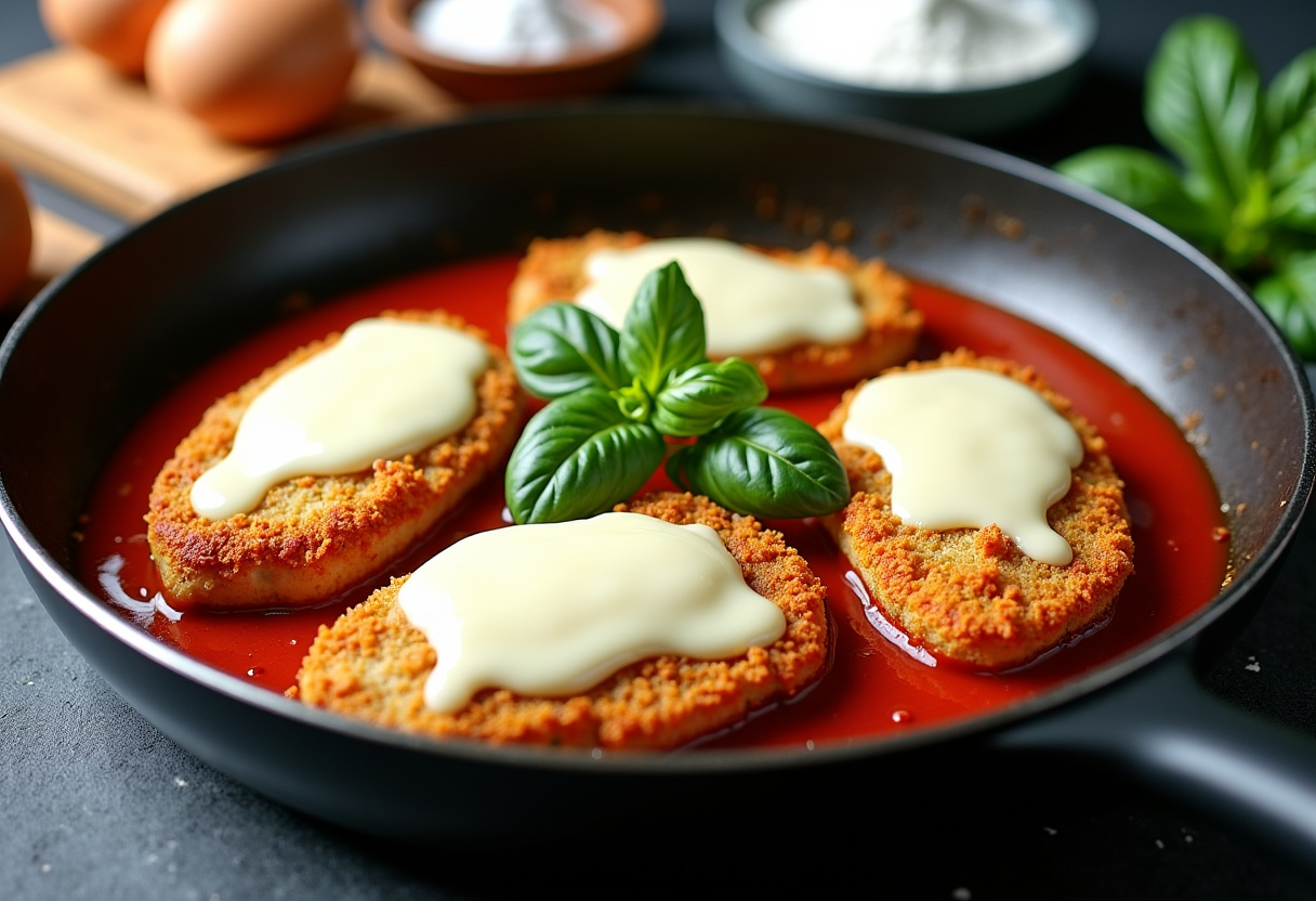 Close-up of golden-brown breaded chicken cutlet (filé de frango à parmegiana) sizzling in pan with melted mozzarella cheese, fresh tomato sauce bubbling around edges, garnished with basil leaves. Crispy breading texture and gooey cheese pull visible under natural light. Homemade cooking scene with flour, eggs, and breadcrumbs in background. Authentic Brazilian chicken parmesan recipe preparation.