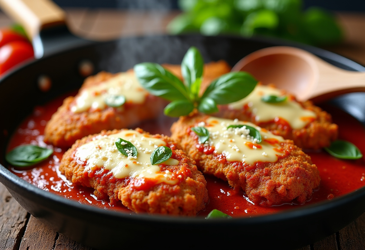 Close-up of golden-brown breaded chicken cutlets with melted mozzarella cheese bubbling on top, drizzled with fresh tomato sauce and sprinkled with grated parmesan, garnished with fresh basil leaves. Sizzling filé de frango à parmegiana in a pan with steam rising, crispy coating and gooey cheese textures highlighted in warm lighting. Traditional Brazilian chicken parmigiana recipe.