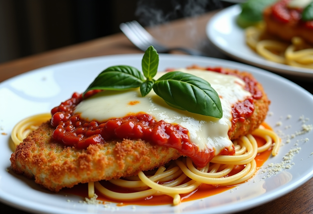 Golden crispy breaded chicken fillet topped with melted mozzarella cheese, rich tomato sauce, and fresh basil leaves, served with spaghetti and grated parmesan cheese on a white plate. Homemade chicken parmigiana with steam rising, rustic wooden table background, fork beside the plate. Perfectly cooked comfort food with natural lighting highlighting crispy texture and gooey cheese.