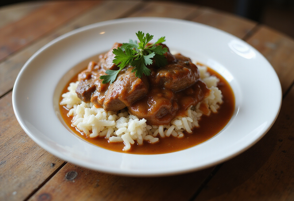 Delicious plated Strogonoff de Carne over rice, a practical everyday meal.