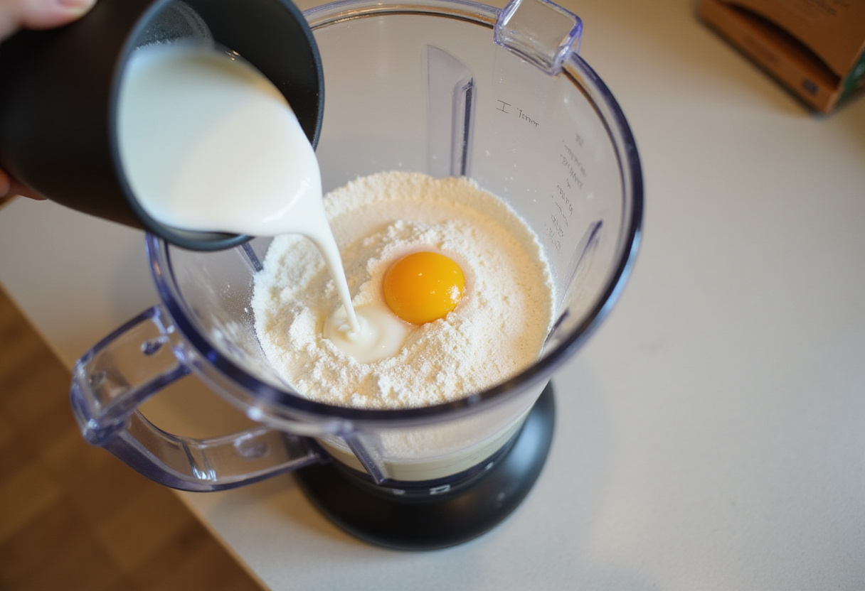 Liquidificador sendo usado para preparar a massa da panqueca simples.