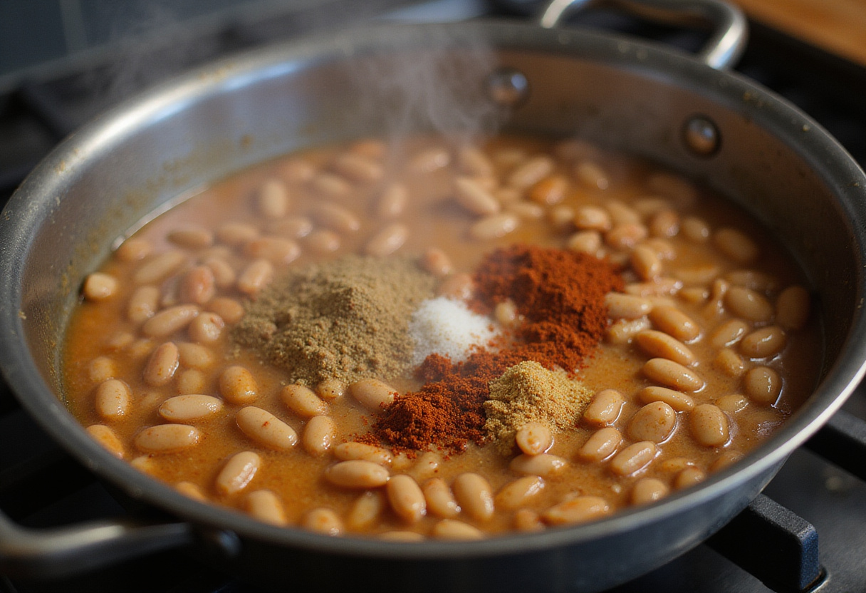 Feijão cozido sendo mexido com temperos adicionados para a receita de Feijão Tropeiro.