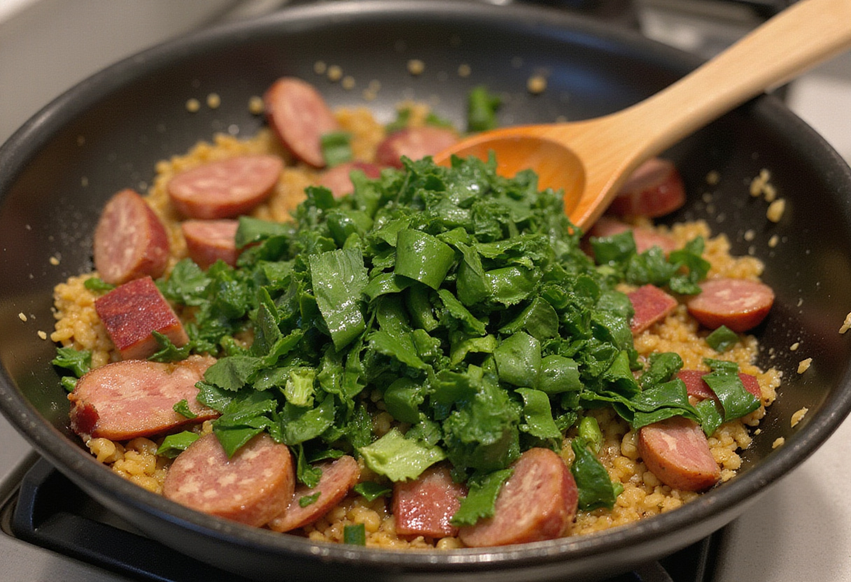 Couve picada sendo adicionada à frigideira com bacon e linguiça para enriquecer o sabor do Feijão Tropeiro.