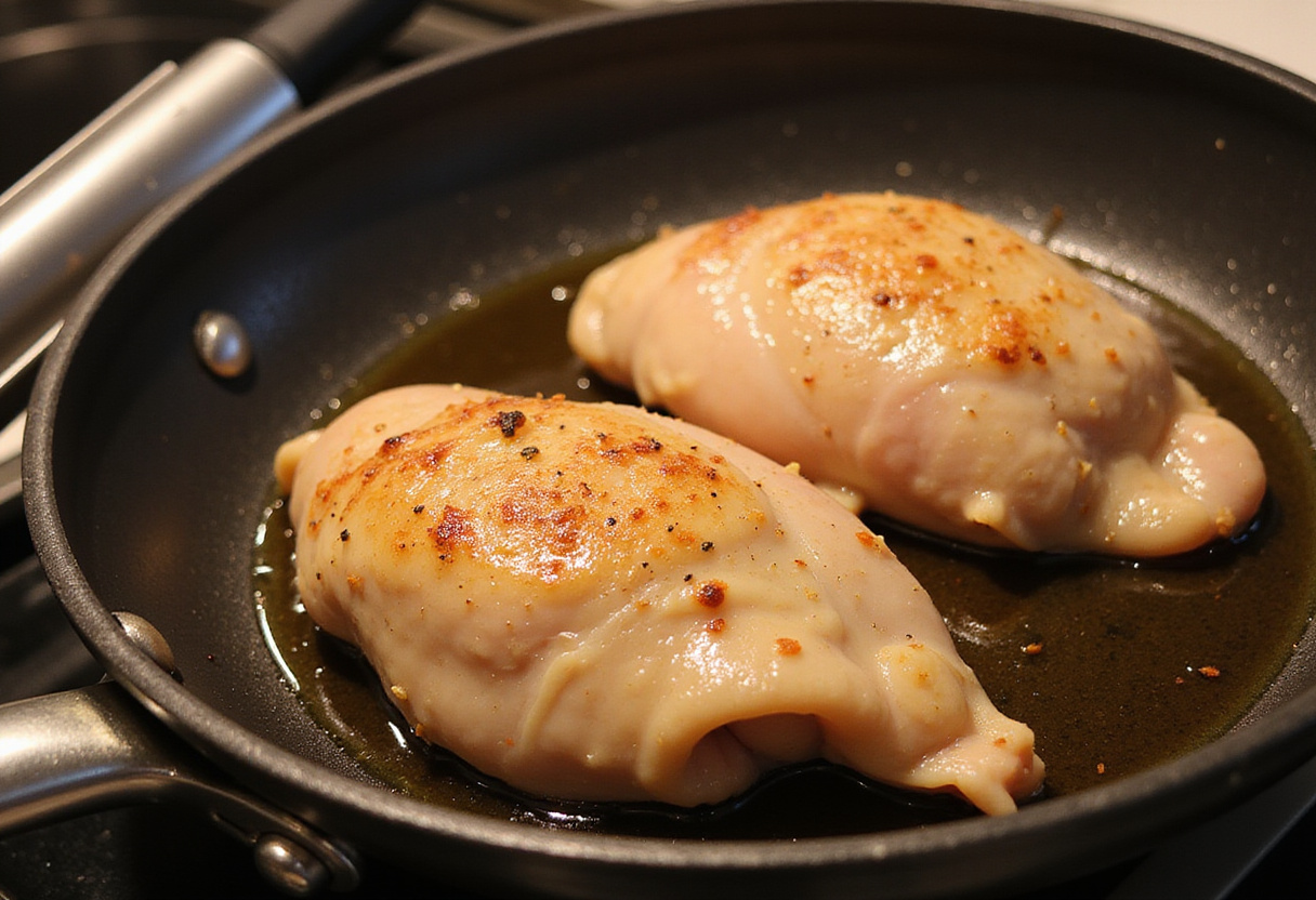 Peitos de frango sendo selados em azeite para Receitas Com Peito De Frango.