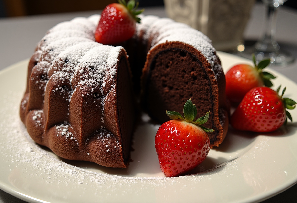 Rocambole de Chocolate finalizado, polvilhado com açúcar de confeiteiro e acompanhado de morangos frescos.