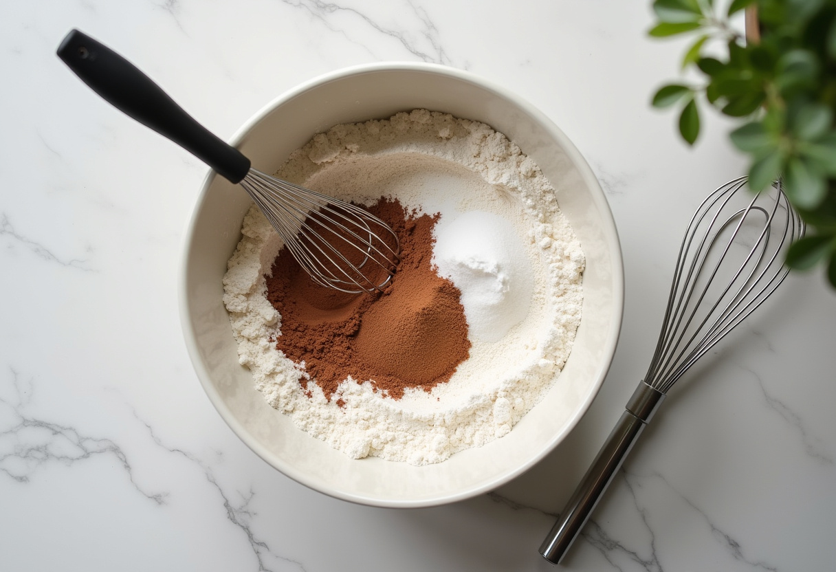 Ingredientes secos misturados em uma tigela para fazer Rocambole de Chocolate.