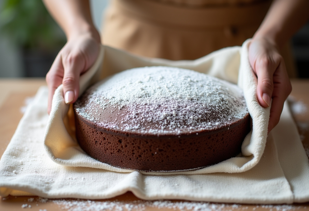 Bolo de chocolate assado sendo enrolado com um pano de cozinha para formar o Rocambole.