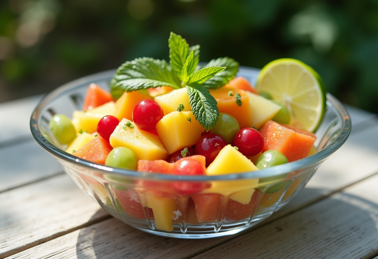 Salada Tropical com Frutas pronta, decorada com hortelã e limão, perfeita para um dia ensolarado.