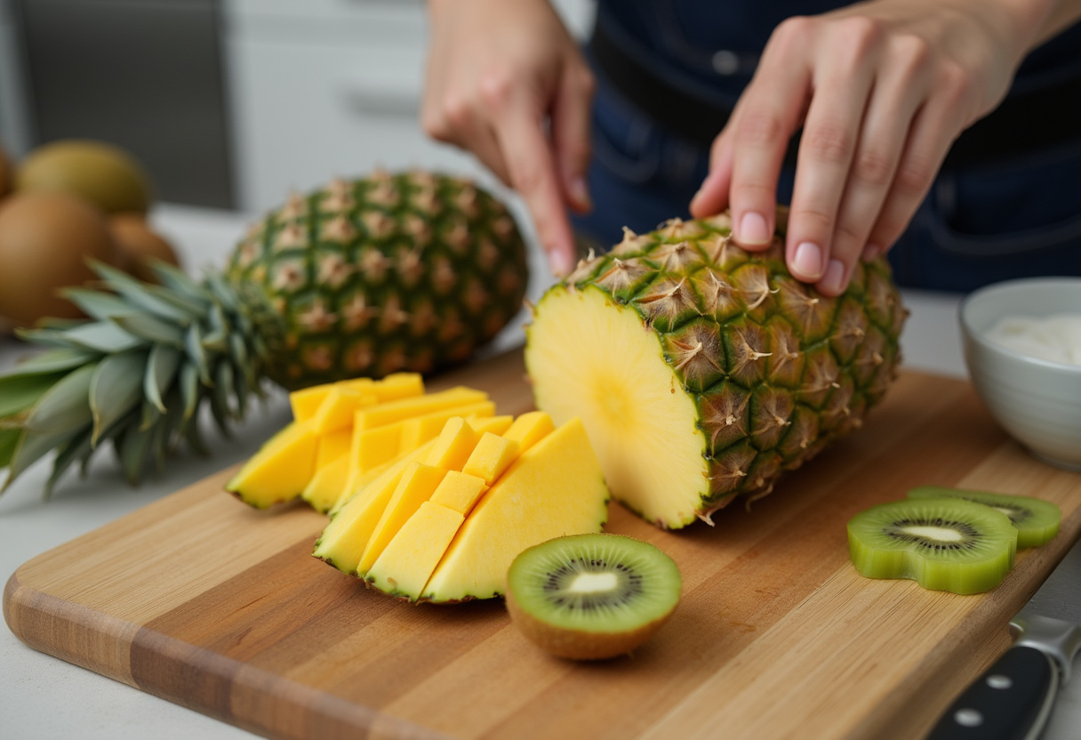 Cortando abacaxi, manga e kiwi frescos para fazer Salada Tropical com Frutas.