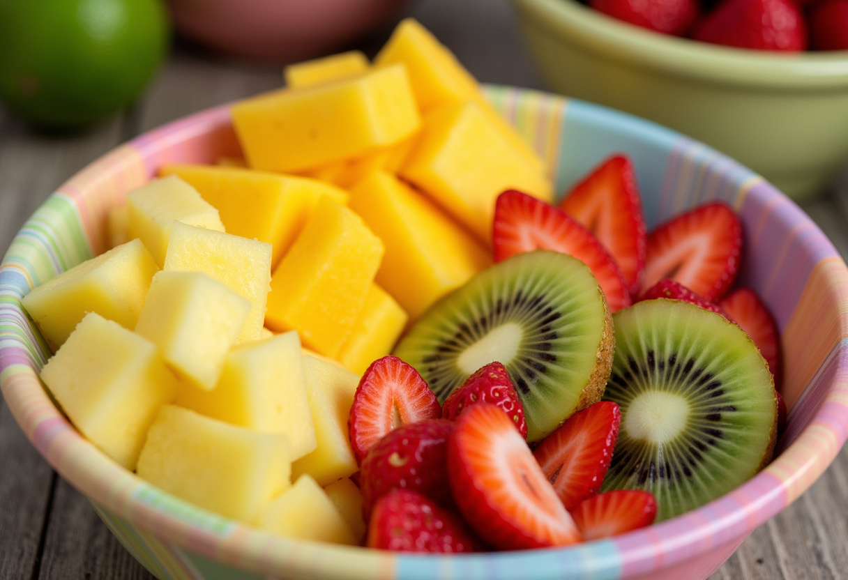Frutas frescas cortadas em uma tigela para Salada Tropical com Frutas.