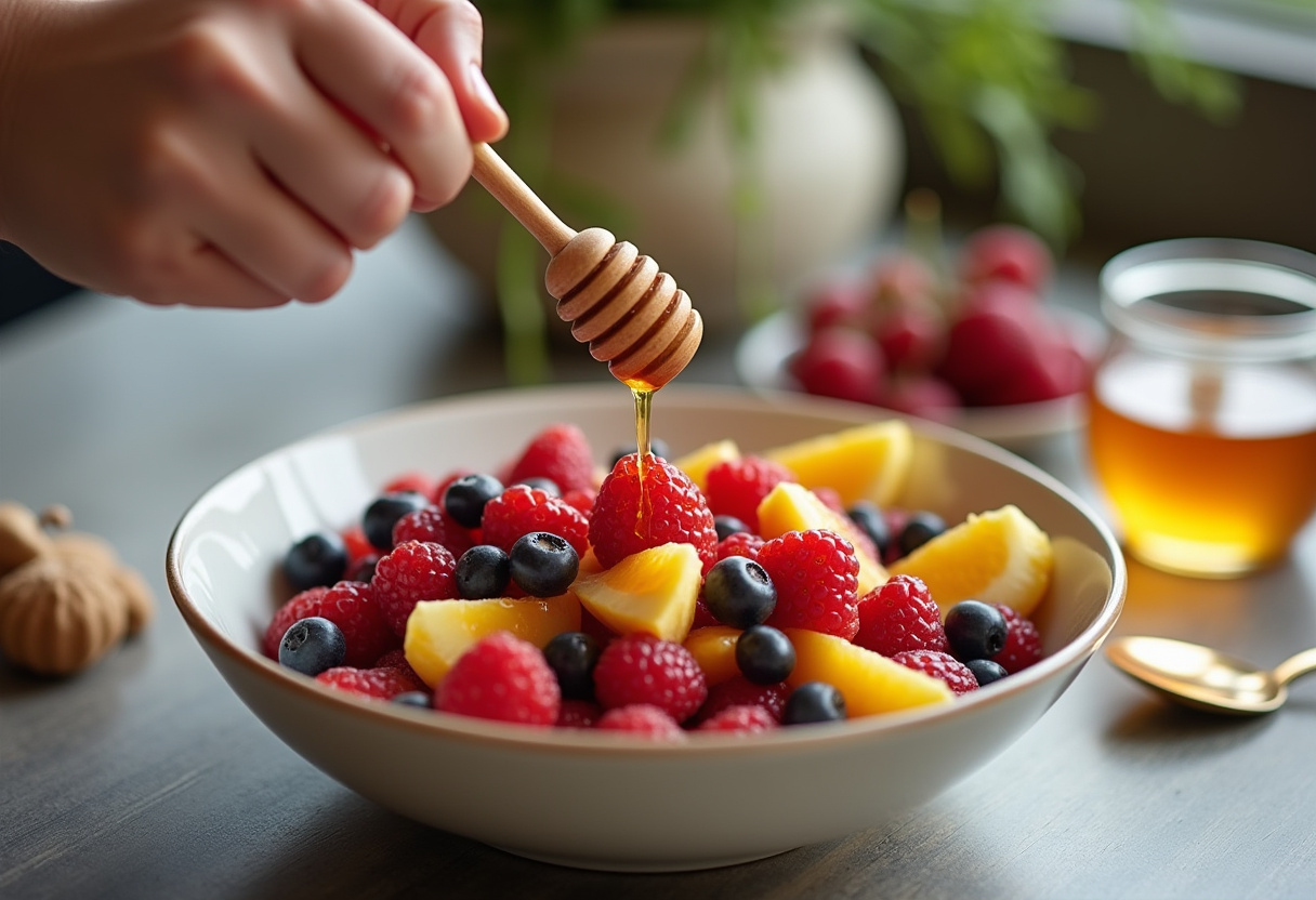Mel sendo regado sobre as frutas na Salada Tropical.