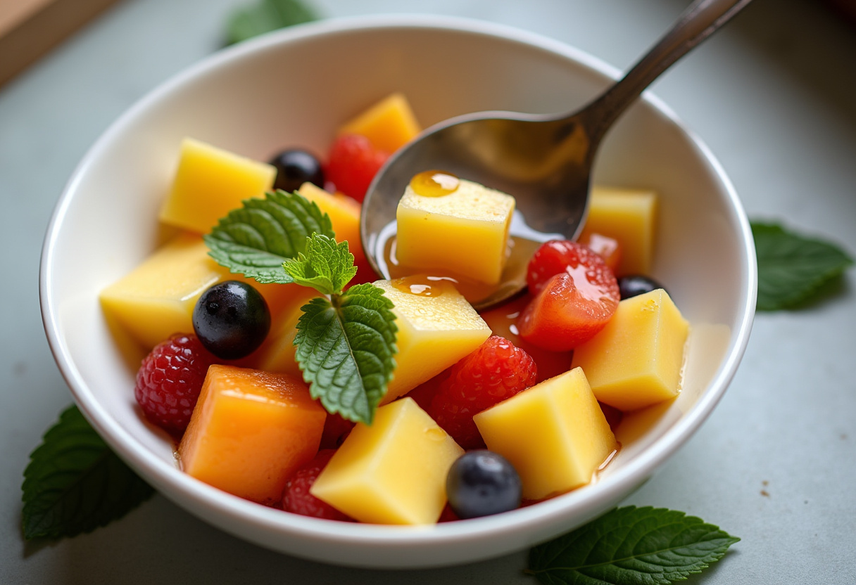 Misturando frutas tropicais com mel na Salada Tropical.