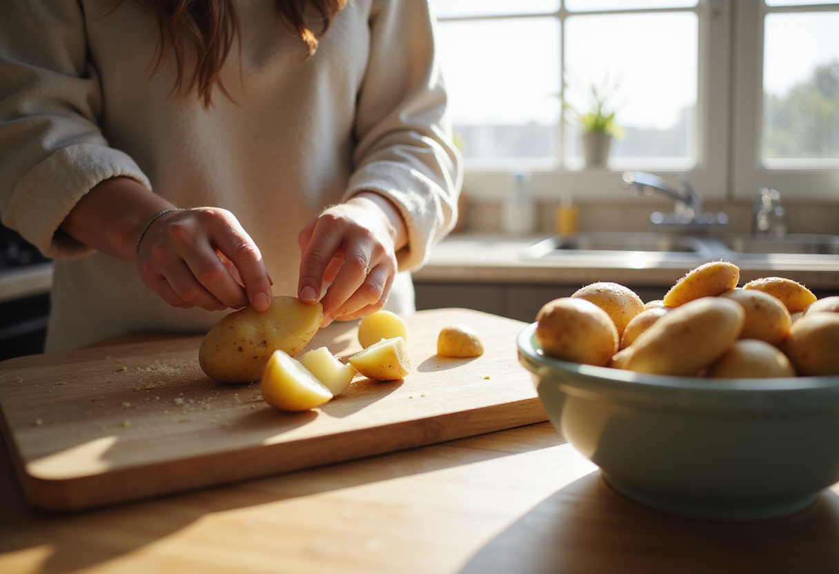 Batatas cozinhando em uma panela para fazer salada de batata com maionese.