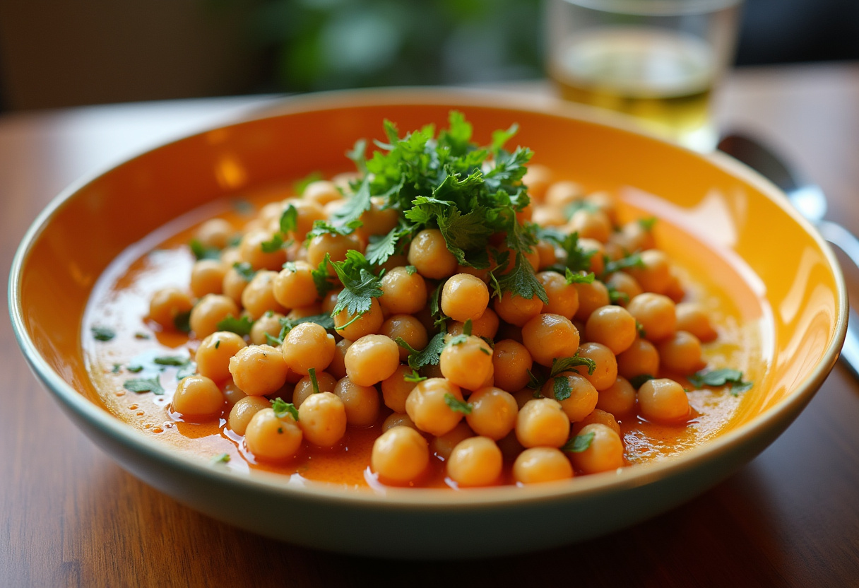 Salada de grão-de-bico finalizada, colorida e pronta para servir, perfeita para uma refeição saudável.