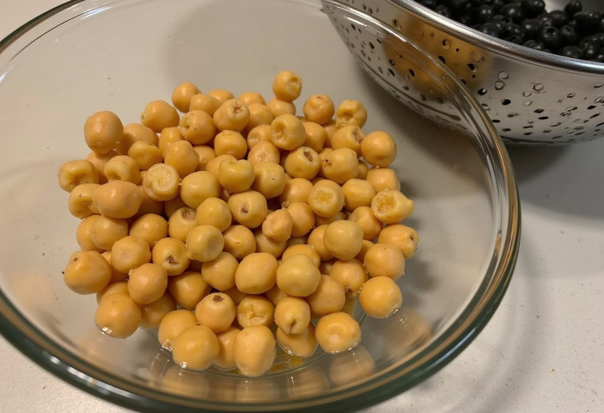 Grão-de-bico embebido em água pronto para ser escorrido e lavado para a salada de grão-de-bico.
