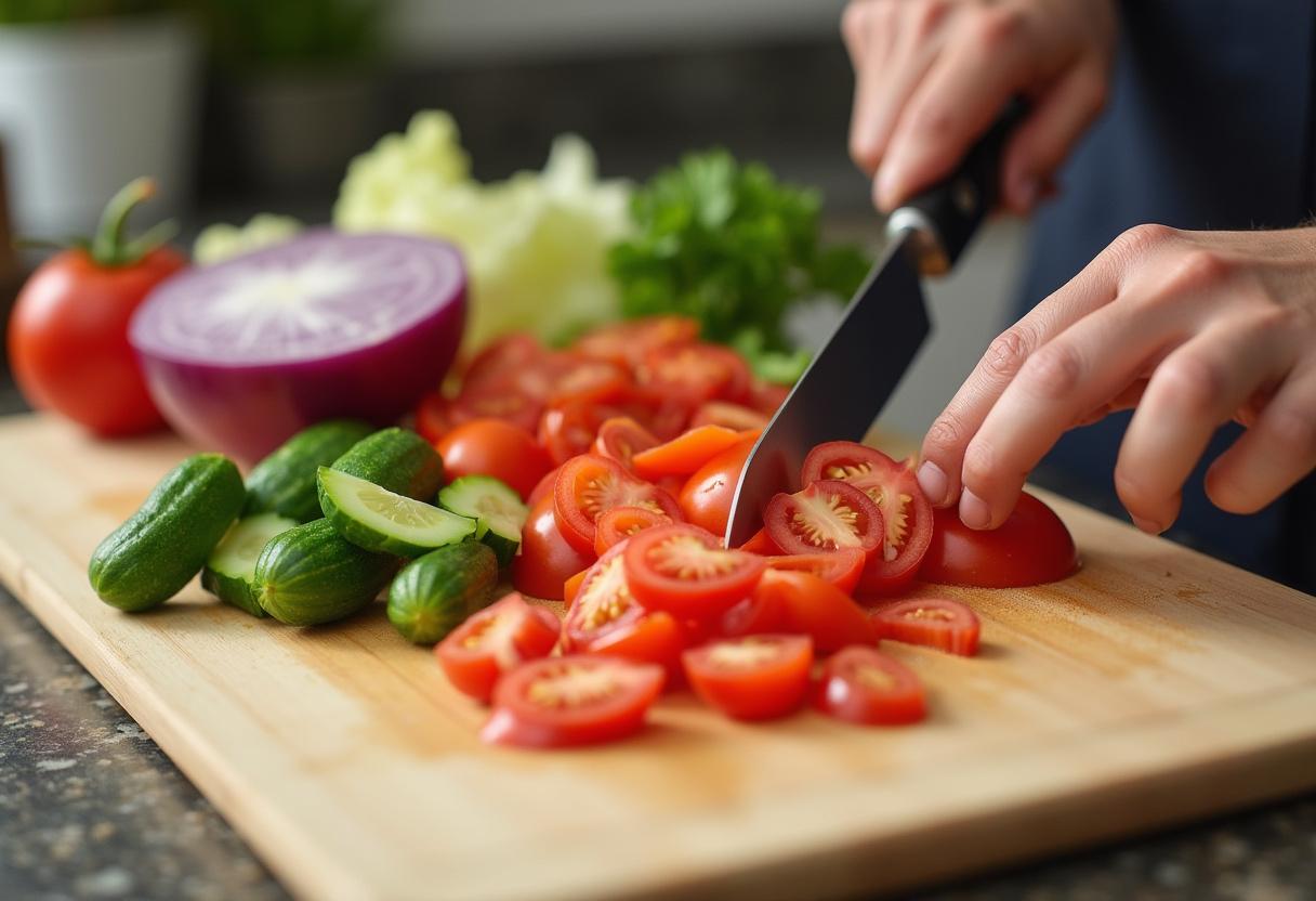 Legumes frescos sendo cortados para adicionar à salada de grão-de-bico.