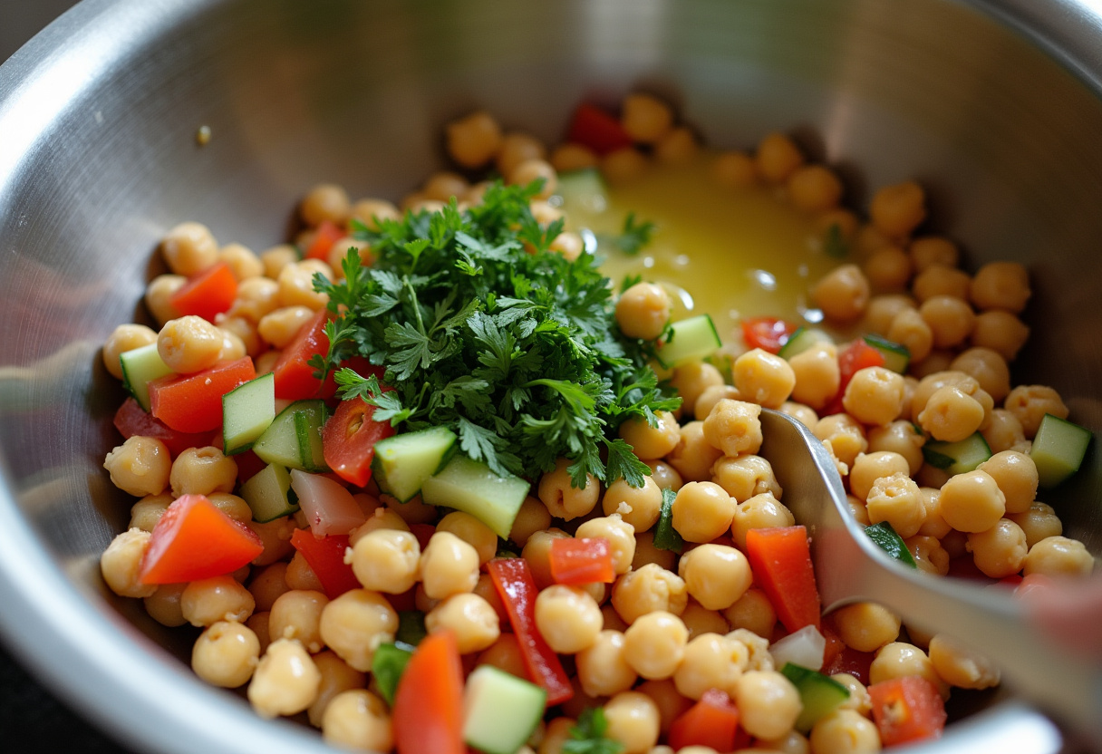 Ingredientes da salada de grão-de-bico sendo misturados em uma tigela grande.