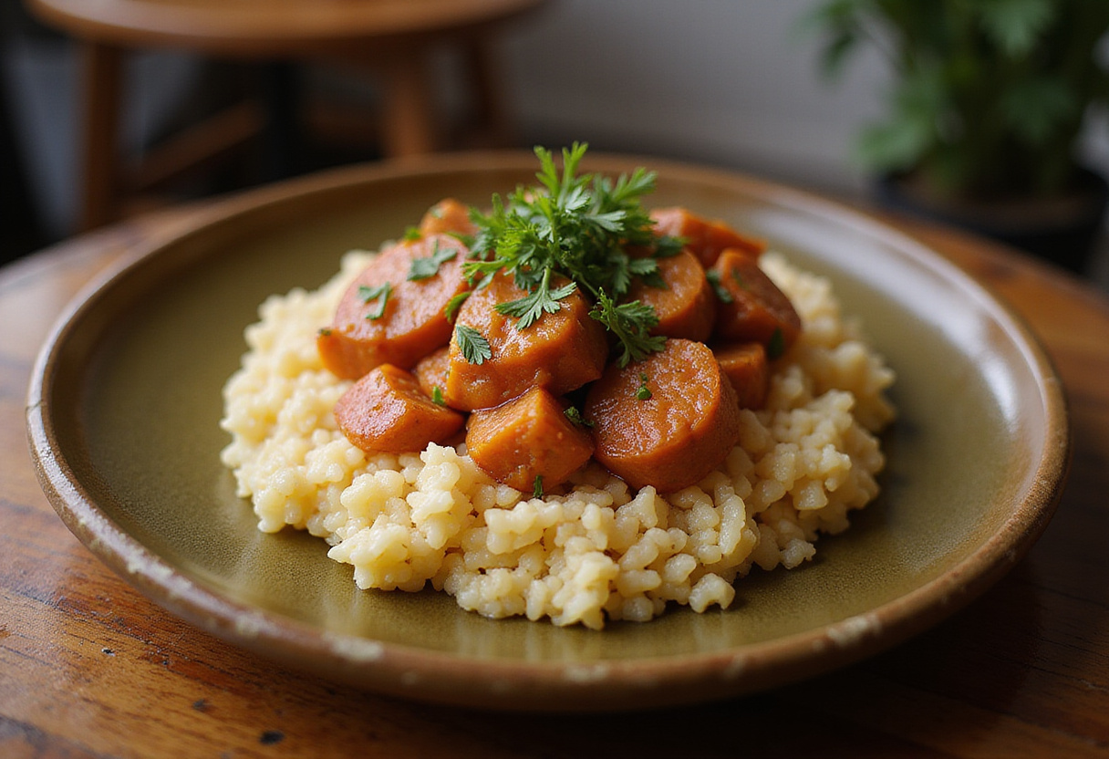 Tapioca recheada com jaca louca finalizada e pronta para servir em uma mesa rústica.