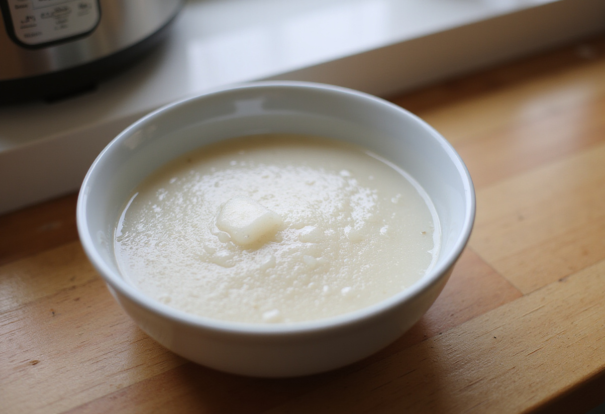 Grânulos de tapioca hidratada em uma tigela para preparar tapioca recheada com jaca louca.