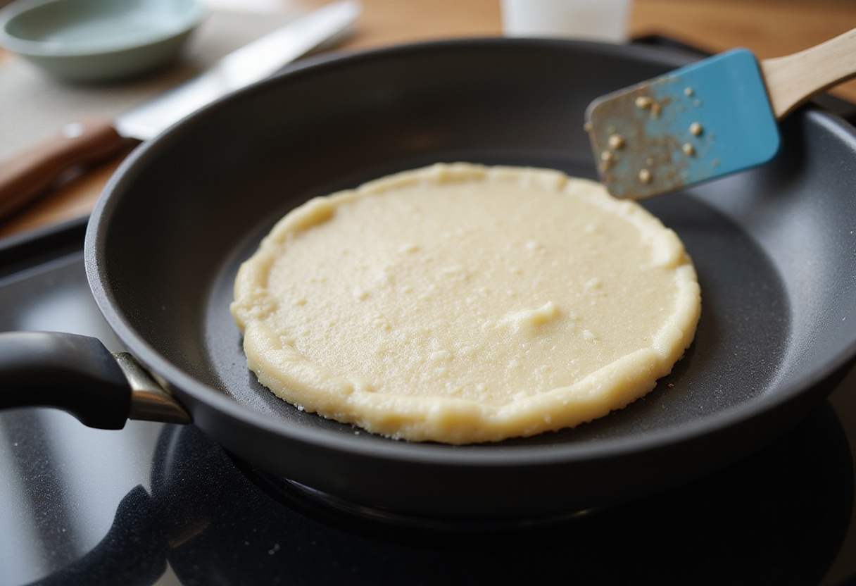 Tapioca sendo espalhada na frigideira para cozinhar tapioca recheada com jaca louca.