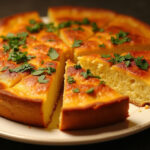 Torta de Atum dourada e pronta para servir, decorada com salsa.