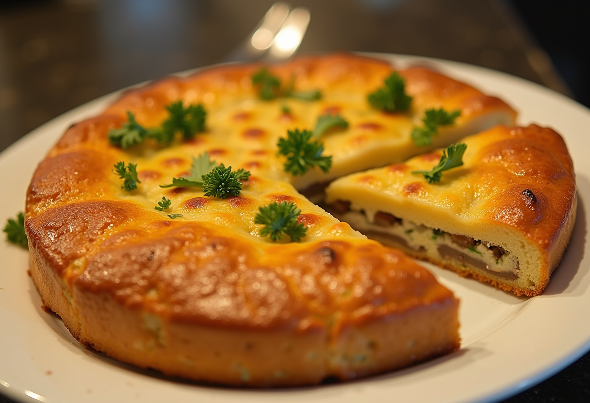 Torta de Atum dourada e pronta para servir, decorada com salsa.
