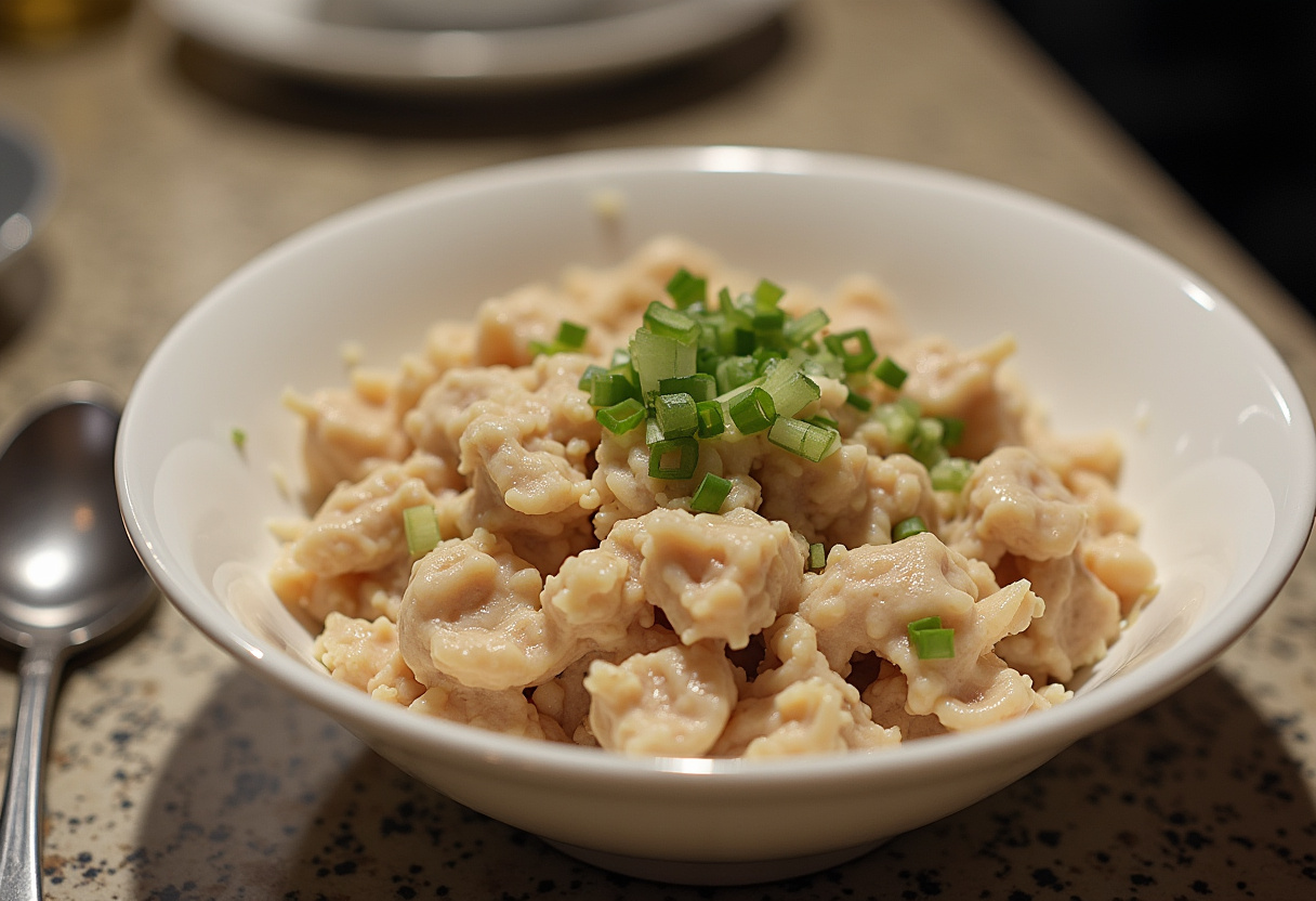 Mistura de atum com maionese e cebola picada para preparar Torta de Atum.